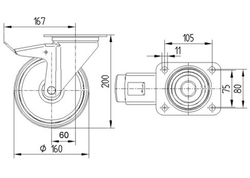 Swivel castor with total lock 160 mm - 4
