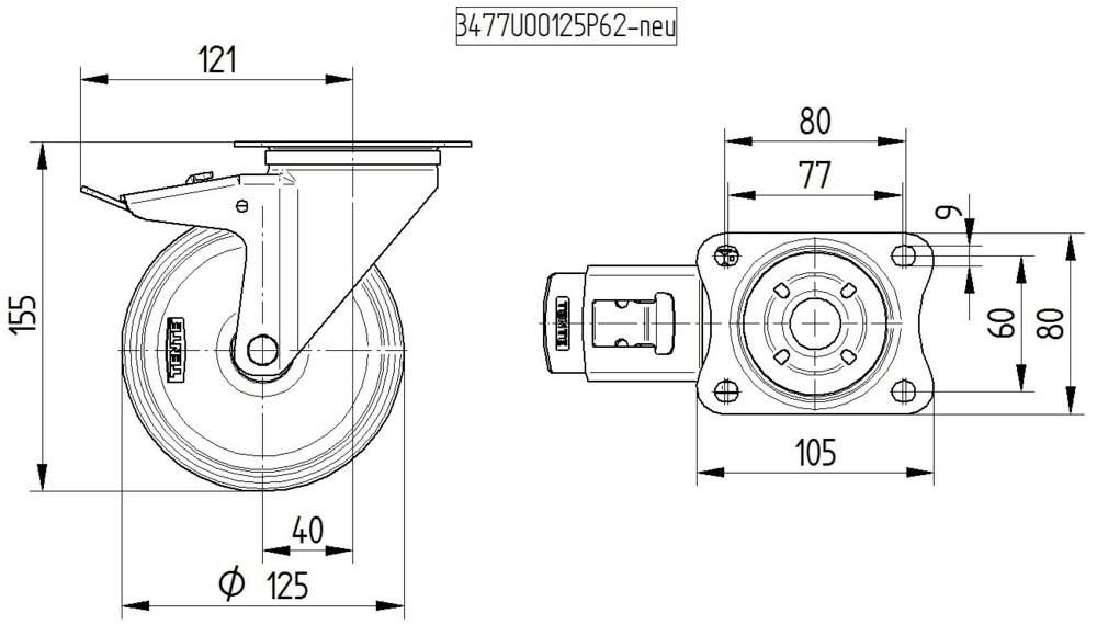 Swivel castor with total lock 125 mm - 3