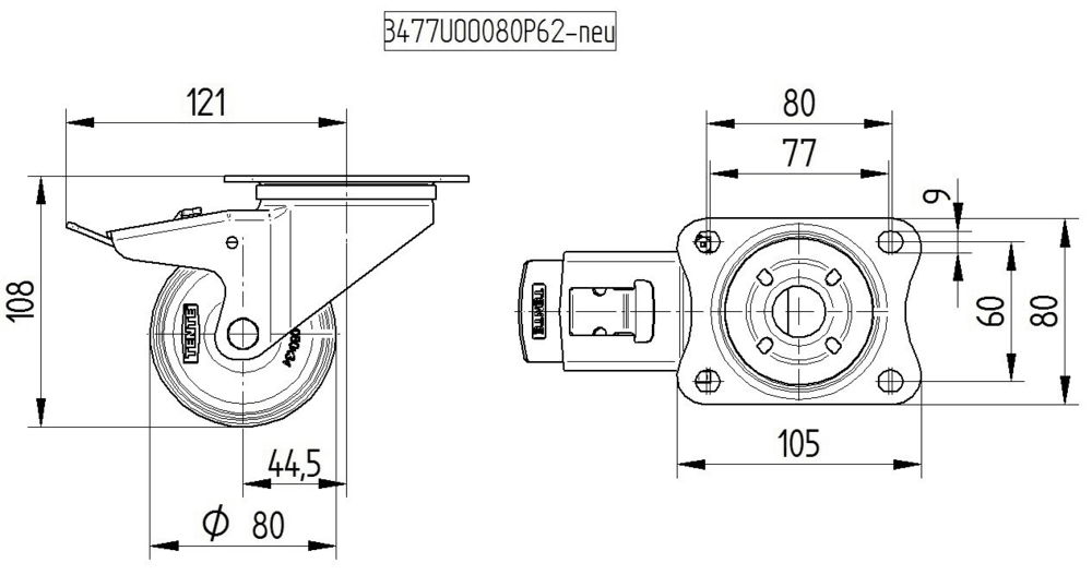 Swivel castor with total lock 80 mm - 3