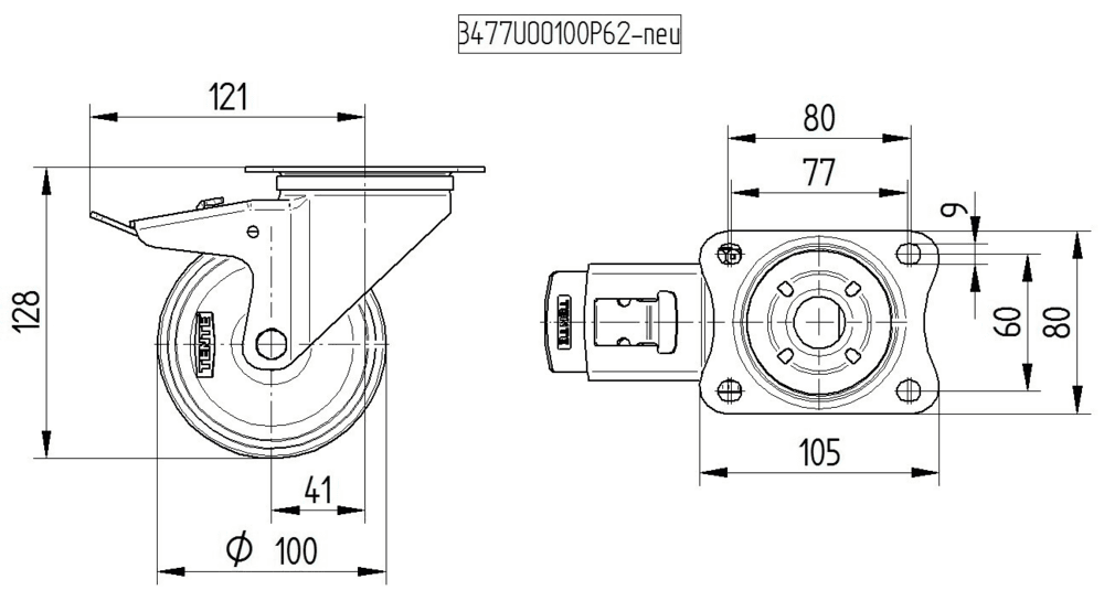 Swivel castor with total lock 100 mm - 3